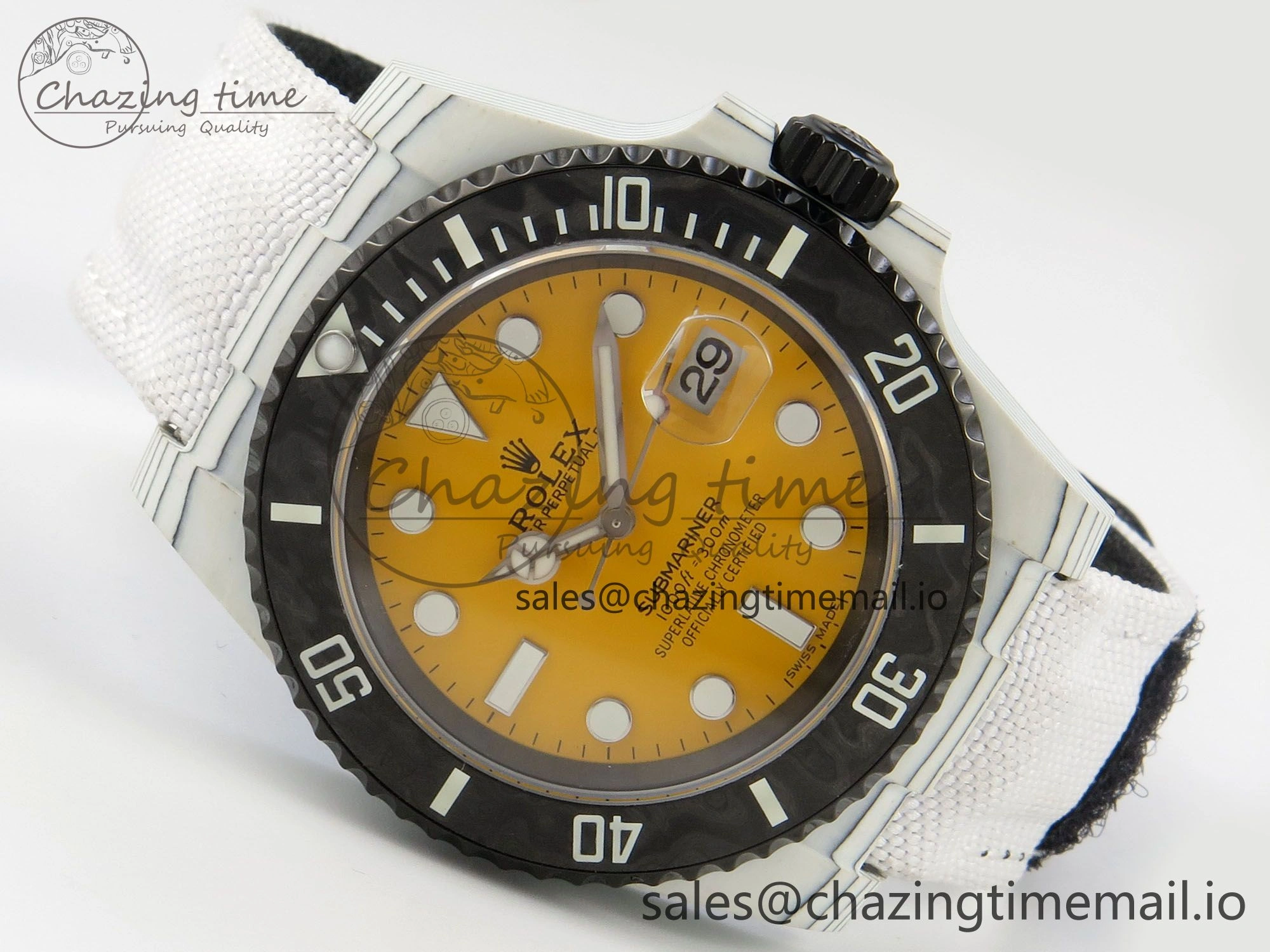 Unique Submariner DIW White Carbon MPF Best Edition Yellow Dial On White Nylon Strap SA 312