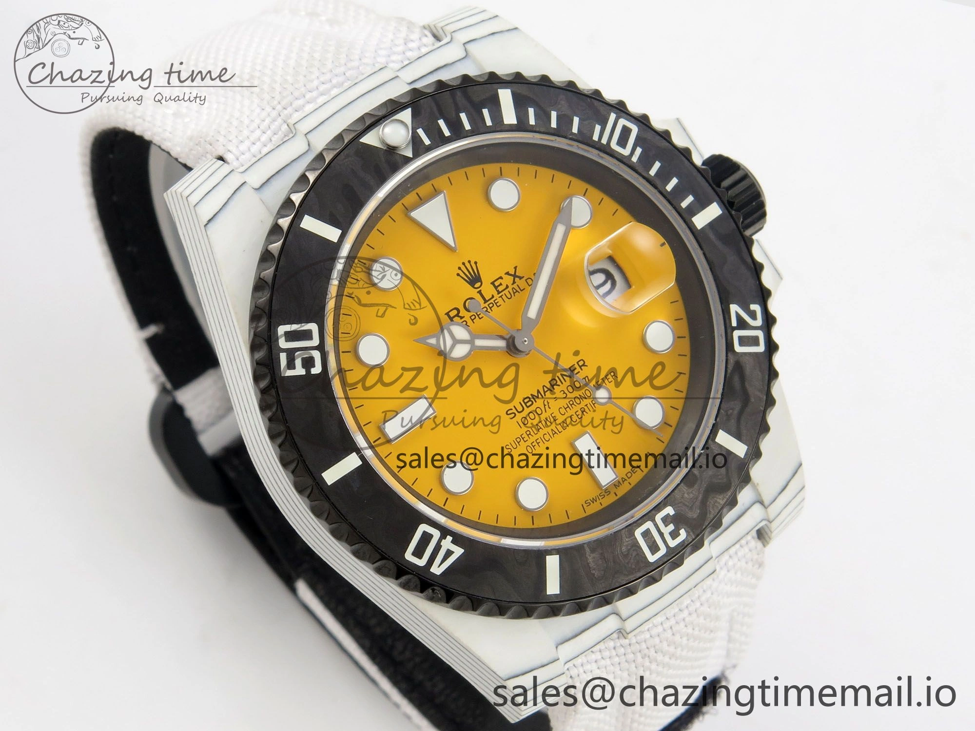 Unique Submariner DIW White Carbon MPF Best Edition Yellow Dial On White Nylon Strap SA 312