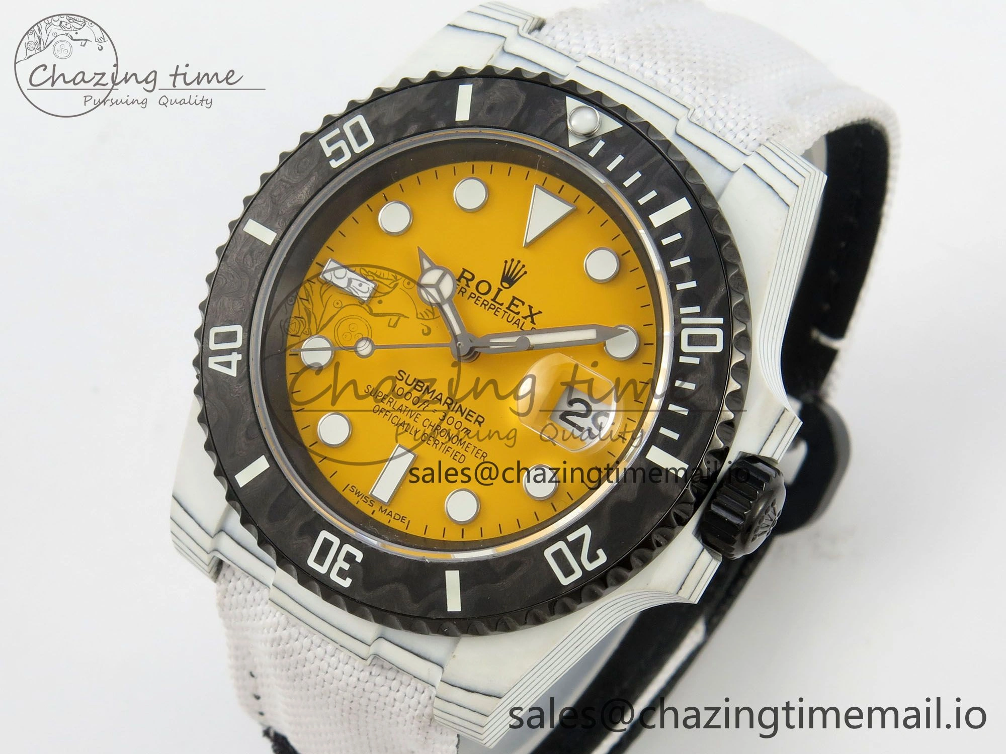 Unique Submariner DIW White Carbon MPF Best Edition Yellow Dial On White Nylon Strap SA 312