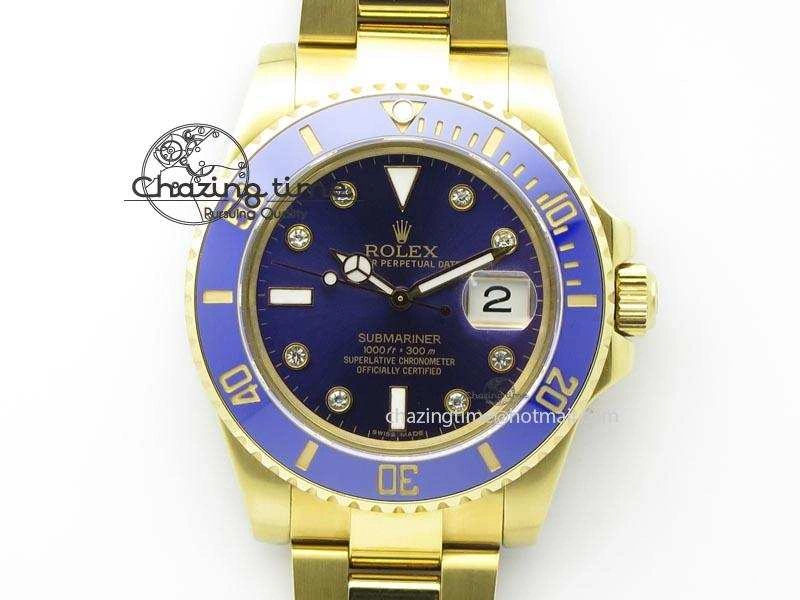 Submariner Full Gold Blue Dial Diamond BP Best Edition Swiss ETA Minimalist 3930