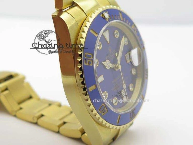 Submariner Full Gold Blue Dial Diamond BP Best Edition Swiss ETA Minimalist 3930