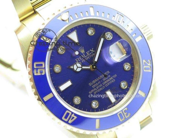 Submariner Full Gold Blue Dial Diamond BP Best Edition Swiss ETA Minimalist 3930