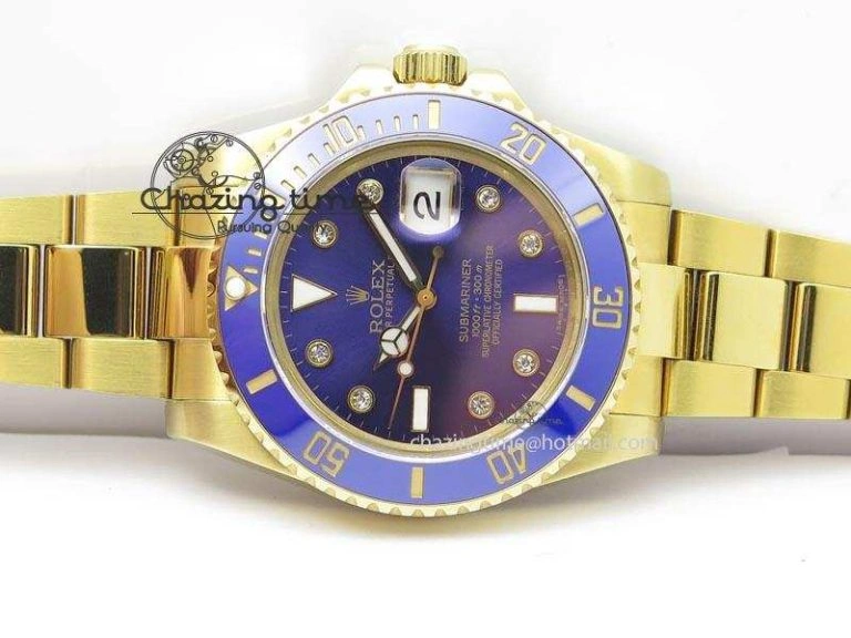 Submariner Full Gold Blue Dial Diamond BP Best Edition Swiss ETA Minimalist 3930