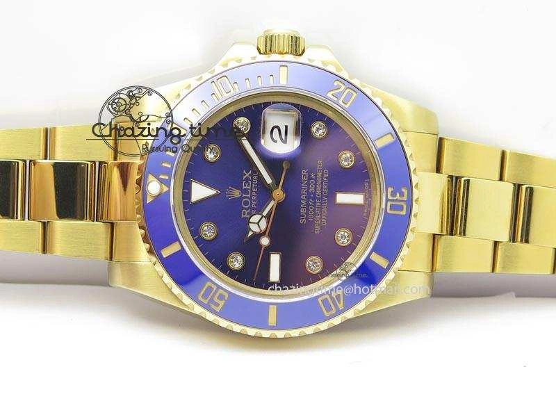 Submariner Full Gold Blue Dial Diamond BP Best Edition Swiss ETA Minimalist 3930