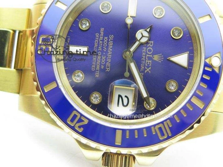 Submariner Full Gold Blue Dial Diamond BP Best Edition Swiss ETA Minimalist 3930