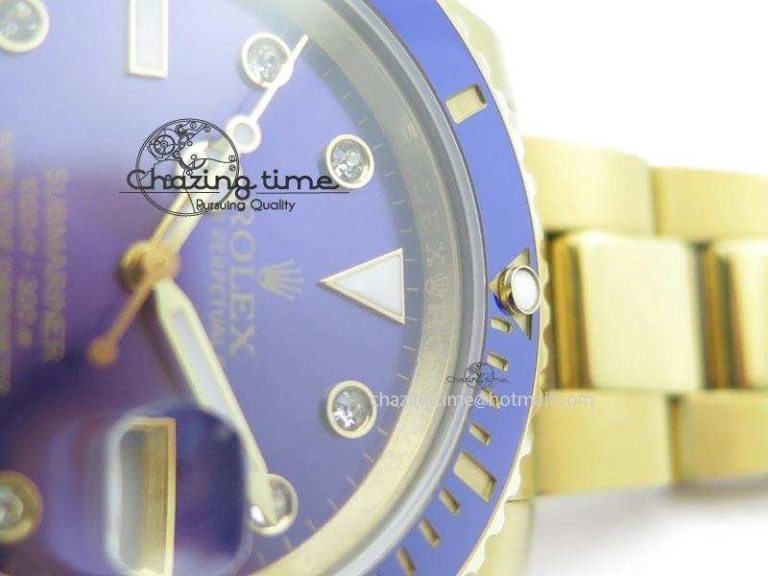 Submariner Full Gold Blue Dial Diamond BP Best Edition Swiss ETA Minimalist 3930
