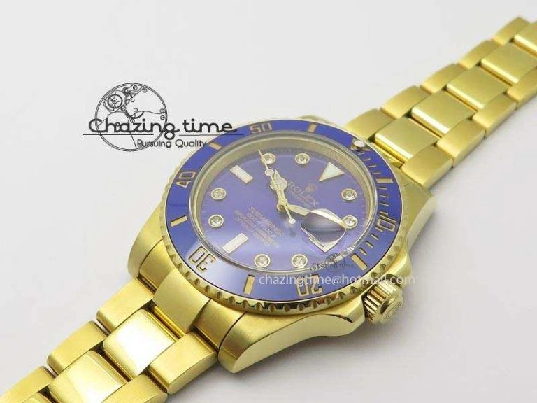 Submariner Full Gold Blue Dial Diamond BP Best Edition Swiss ETA Minimalist 3930