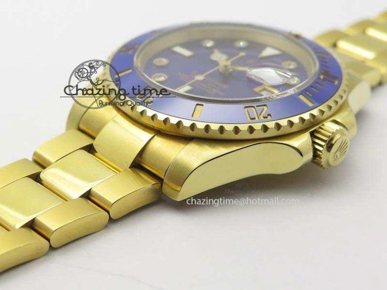 Submariner Full Gold Blue Dial Diamond BP Best Edition Swiss ETA Minimalist 3930