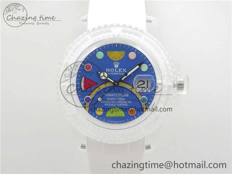 Resilient Submariner Phantomlab Transparent 3AF Best Edition Blue Fruit Dial on White Rubber Strap VR 2620
