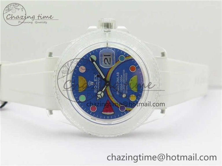 Resilient Submariner Phantomlab Transparent 3AF Best Edition Blue Fruit Dial on White Rubber Strap VR 2620
