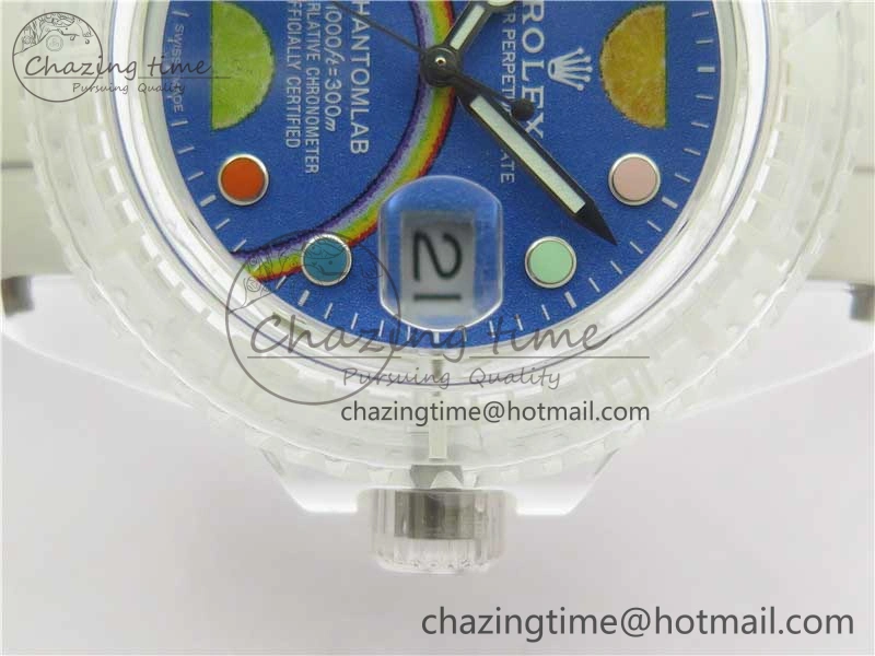 Resilient Submariner Phantomlab Transparent 3AF Best Edition Blue Fruit Dial on White Rubber Strap VR 2620