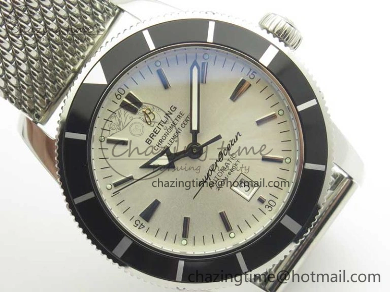 Breathable Super Ocean Heritage 46mm SS Black Bezel White Dial on SS Mesh Bracelet A 5620