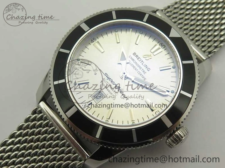 Breathable Super Ocean Heritage 46mm SS Black Bezel White Dial on SS Mesh Bracelet A 5620