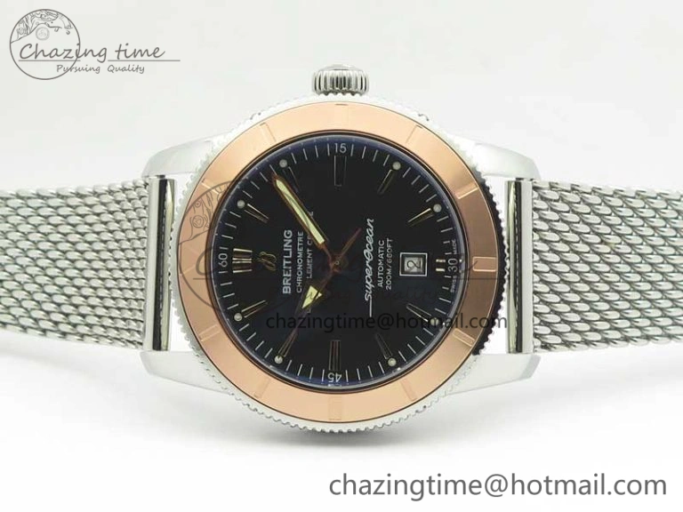 Super Ocean Heritage 46mm SS RG Bezel Black Dial on SS Mesh Bracelet A Elegant 5619