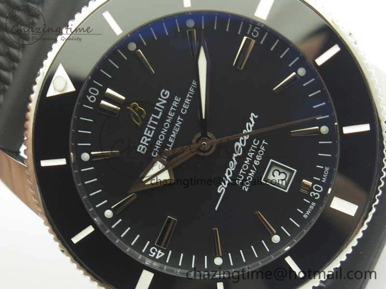 Super Ocean Heritage Black Ceramic Bezel SS Black Dial On Rubber Strap A Premium 5645