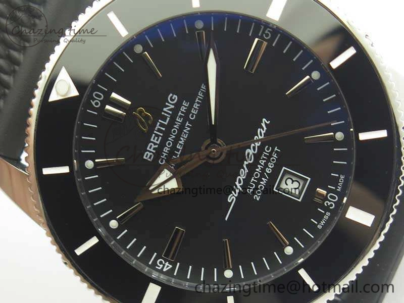 Super Ocean Heritage Black Ceramic Bezel SS Black Dial On Rubber Strap A Premium 5645