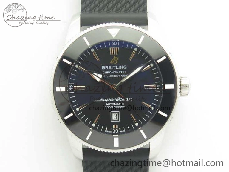 Super Ocean Heritage Black Ceramic Bezel SS Black Dial On Rubber Strap A Premium 5645