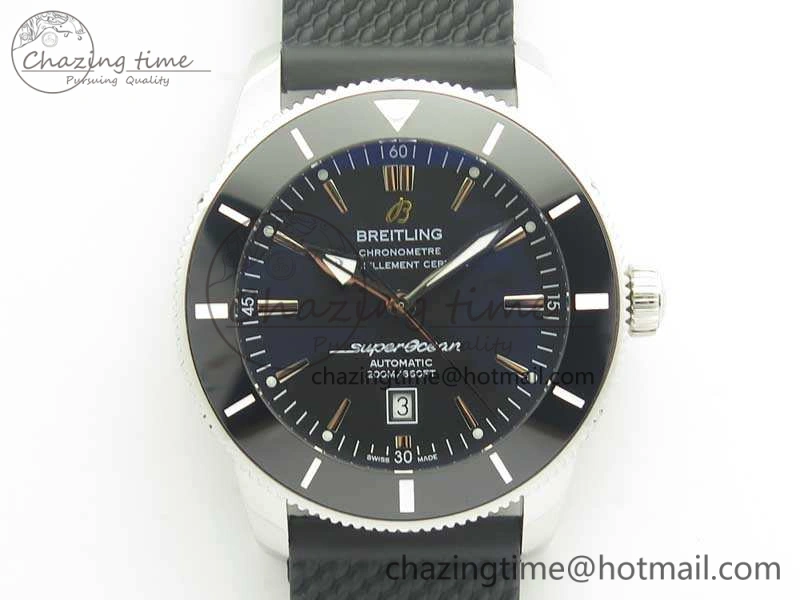 Super Ocean Heritage Black Ceramic Bezel SS Black Dial On Rubber Strap A Premium 5645