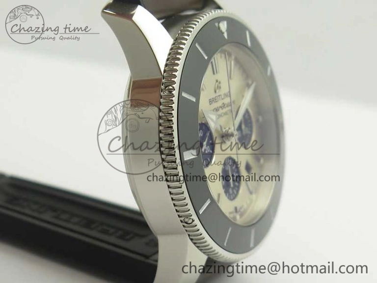 SuperOcean 44mm Black Ceramic Bezel Silver Dial on Brown Gummy Strap A FastDry 5637