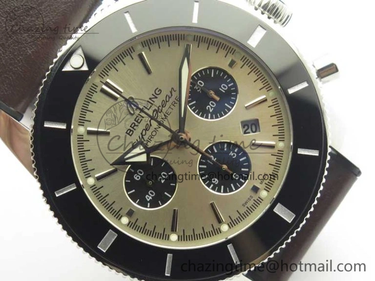 SuperOcean 44mm Black Ceramic Bezel Silver Dial on Brown Gummy Strap A FastDry 5637