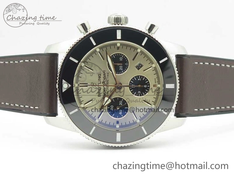 SuperOcean 44mm Black Ceramic Bezel Silver Dial on Brown Gummy Strap A FastDry 5637