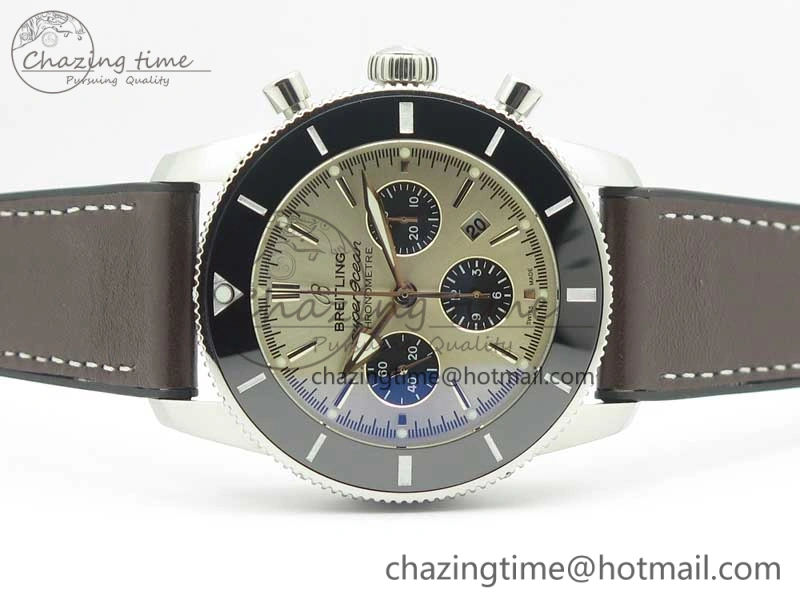 SuperOcean 44mm Black Ceramic Bezel Silver Dial on Brown Gummy Strap A FastDry 5637