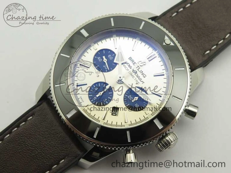 SuperOcean 44mm Black Ceramic Bezel Silver Dial on Brown Gummy Strap A FastDry 5637
