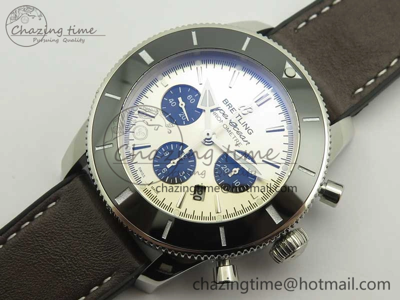 SuperOcean 44mm Black Ceramic Bezel Silver Dial on Brown Gummy Strap A FastDry 5637