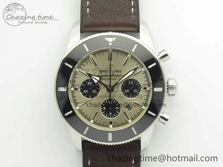 SuperOcean 44mm Black Ceramic Bezel Silver Dial on Brown Gummy Strap A FastDry 5637