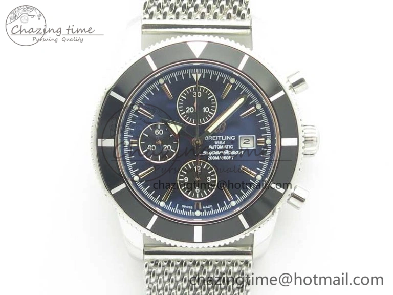 SuperOcean A13312 44mm Black Bezel Blue Dial Black Subdial on SS Bracelet A Packable 5611
