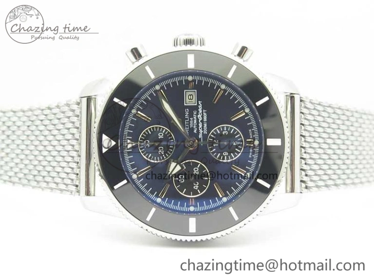 Sporty SuperOcean A13312 44mm Black Ceramic Bezel Blue Dial Black Subdial on SS Bracelet A 5610