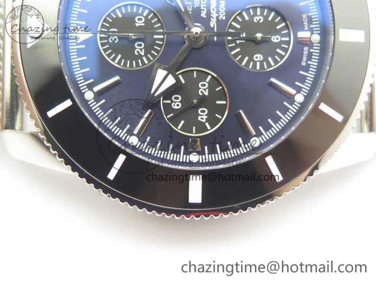 Sporty SuperOcean A13312 44mm Black Ceramic Bezel Blue Dial Black Subdial on SS Bracelet A 5610
