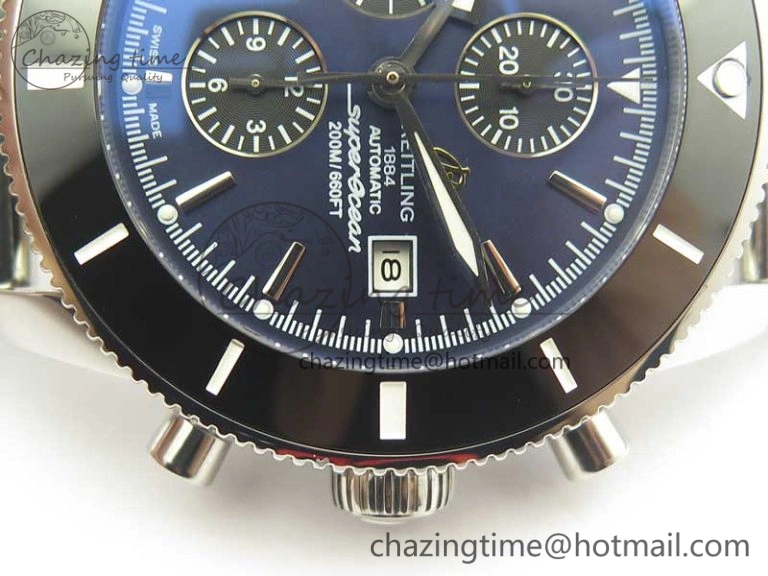Sporty SuperOcean A13312 44mm Black Ceramic Bezel Blue Dial Black Subdial on SS Bracelet A 5610