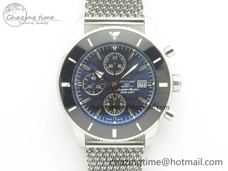 Sporty SuperOcean A13312 44mm Black Ceramic Bezel Blue Dial Black Subdial on SS Bracelet A 5610