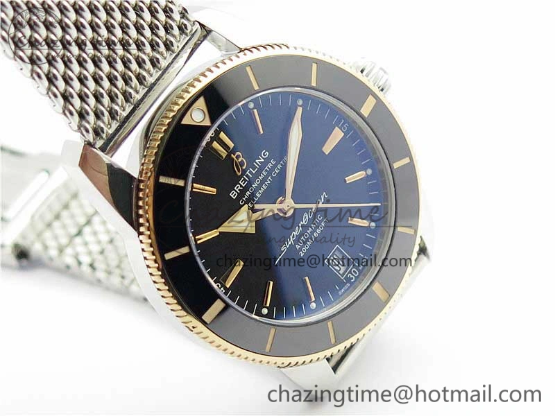 WrinkleFree SuperOcean Heritage ii 42mm SS RG GF 1:1 Best Edition Black Dial Black Bezel on SS Mesh Bracelet A2824 V 5594