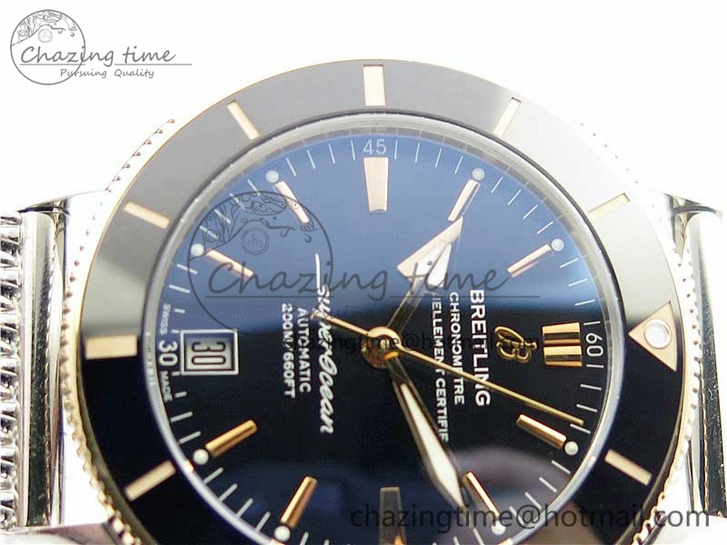 WrinkleFree SuperOcean Heritage ii 42mm SS RG GF 1:1 Best Edition Black Dial Black Bezel on SS Mesh Bracelet A2824 V 5594