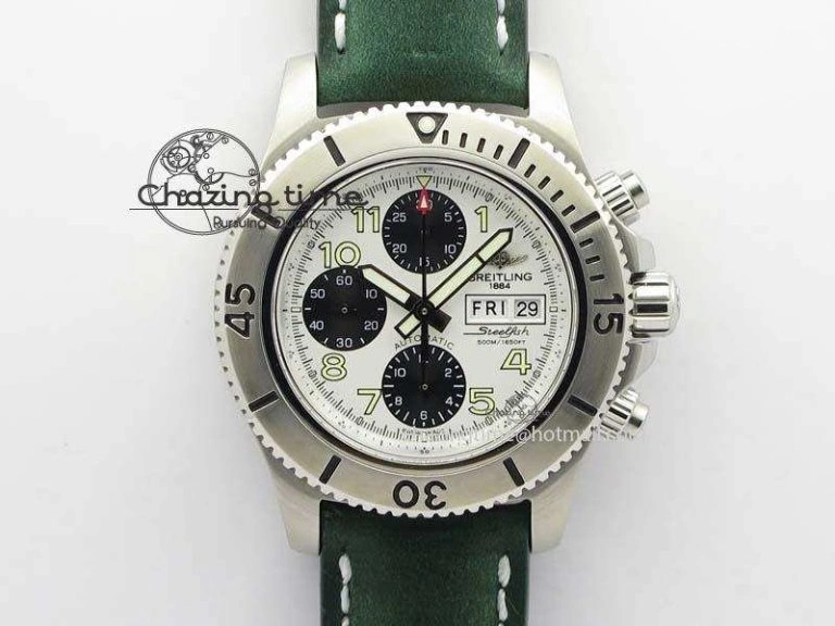 SuperOcean SteelFish SS White Dial On Green Leather Strap A EyeCatching 5749