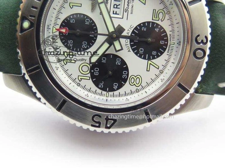 SuperOcean SteelFish SS White Dial On Green Leather Strap A EyeCatching 5749