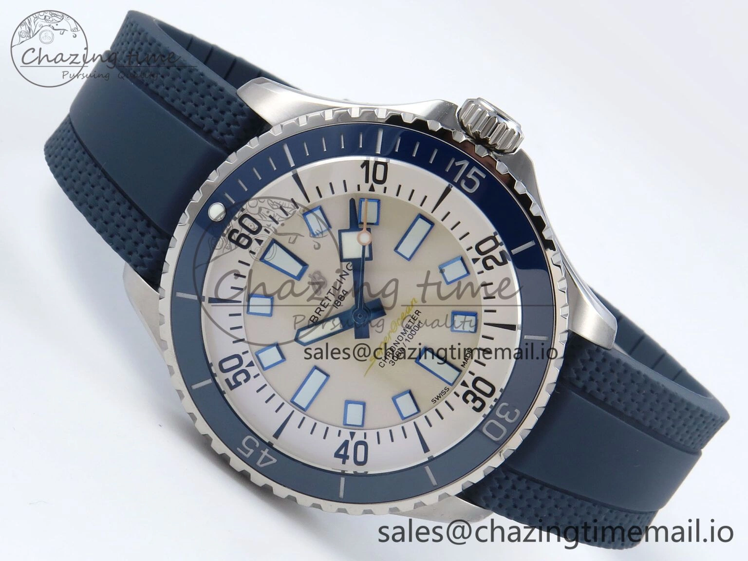 Bright Superocean 44mm SS TF 1:1 Best Edition Beige Dial Blue Bezel on Blue Rubber Strap A 5415