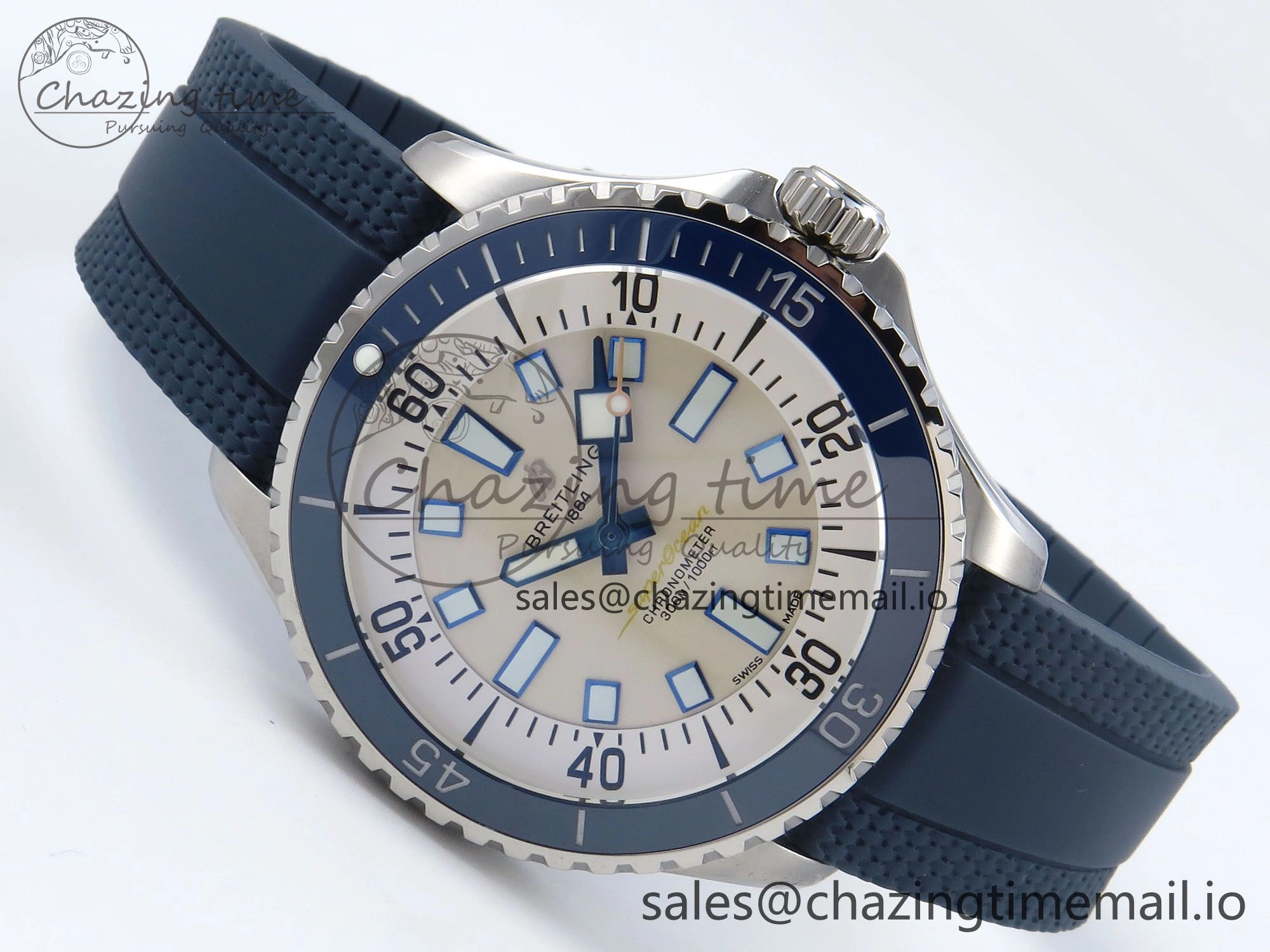 Bright Superocean 44mm SS TF 1:1 Best Edition Beige Dial Blue Bezel on Blue Rubber Strap A 5415
