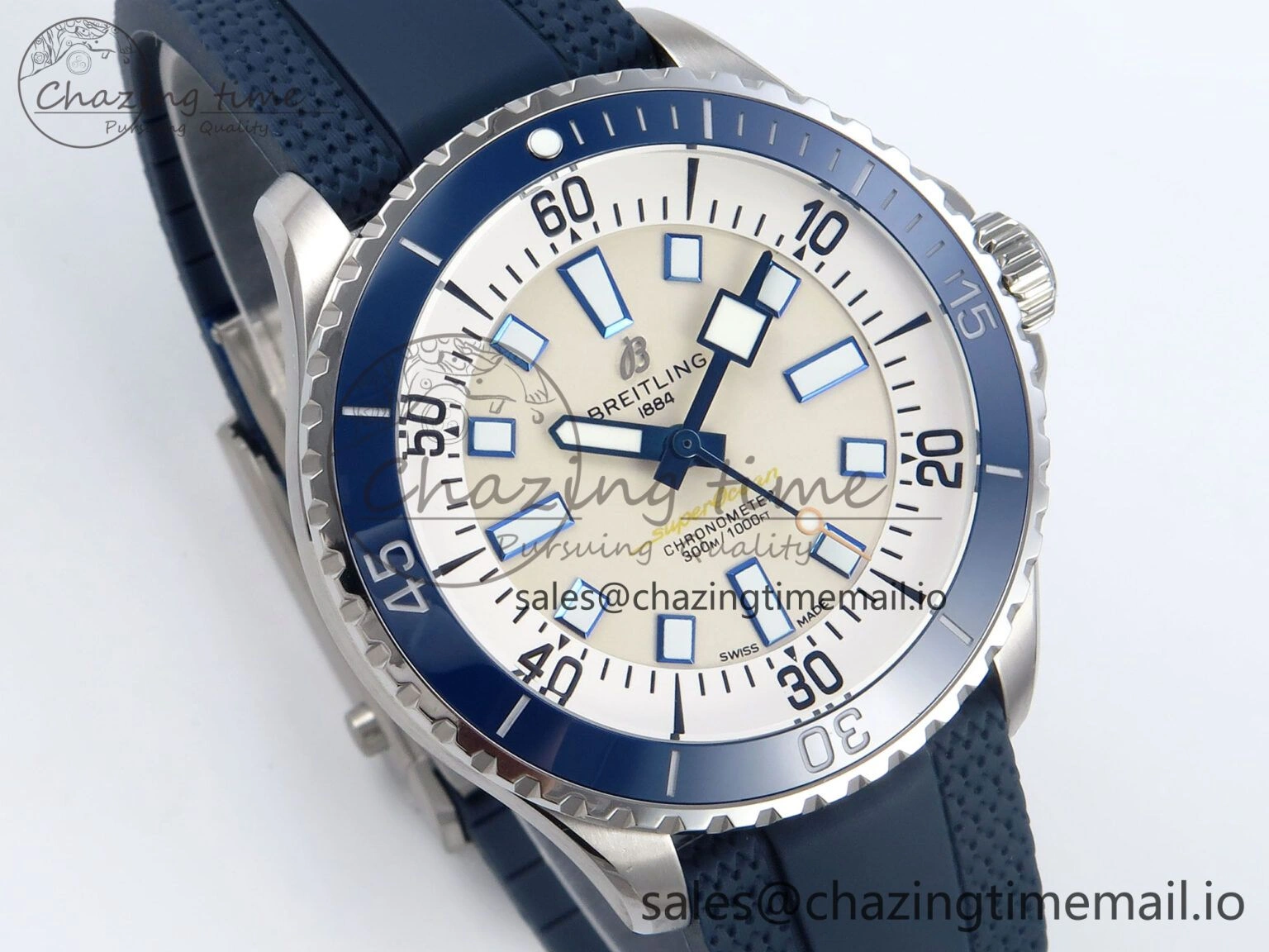 Bright Superocean 44mm SS TF 1:1 Best Edition Beige Dial Blue Bezel on Blue Rubber Strap A 5415