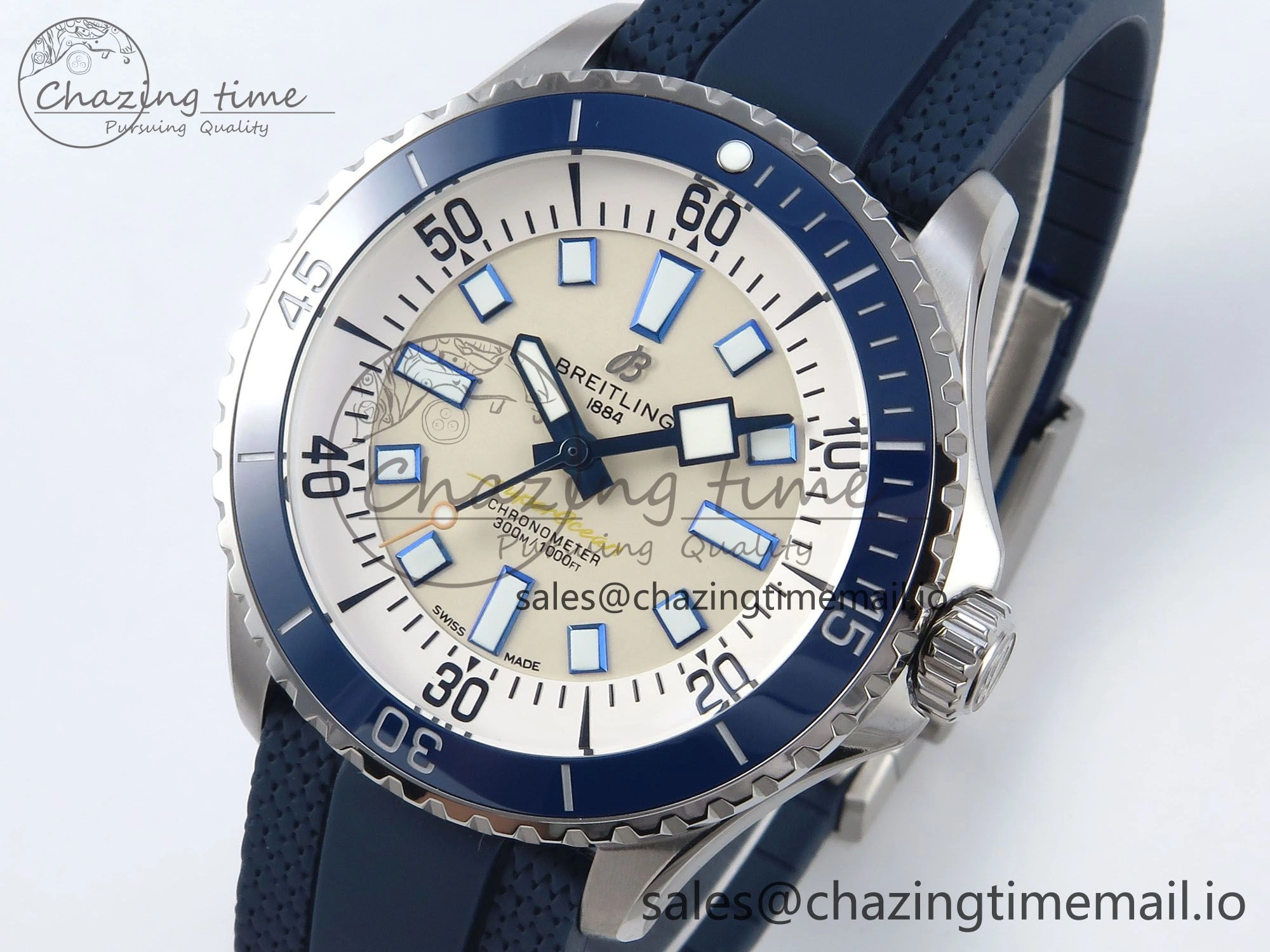 Bright Superocean 44mm SS TF 1:1 Best Edition Beige Dial Blue Bezel on Blue Rubber Strap A 5415