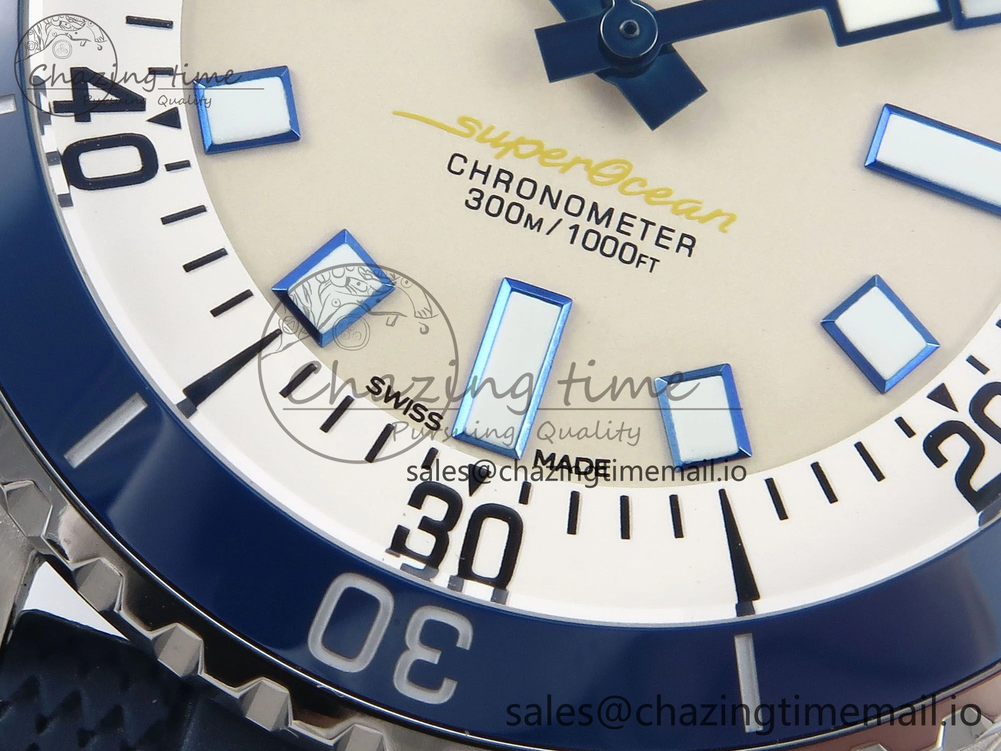 Bright Superocean 44mm SS TF 1:1 Best Edition Beige Dial Blue Bezel on Blue Rubber Strap A 5415