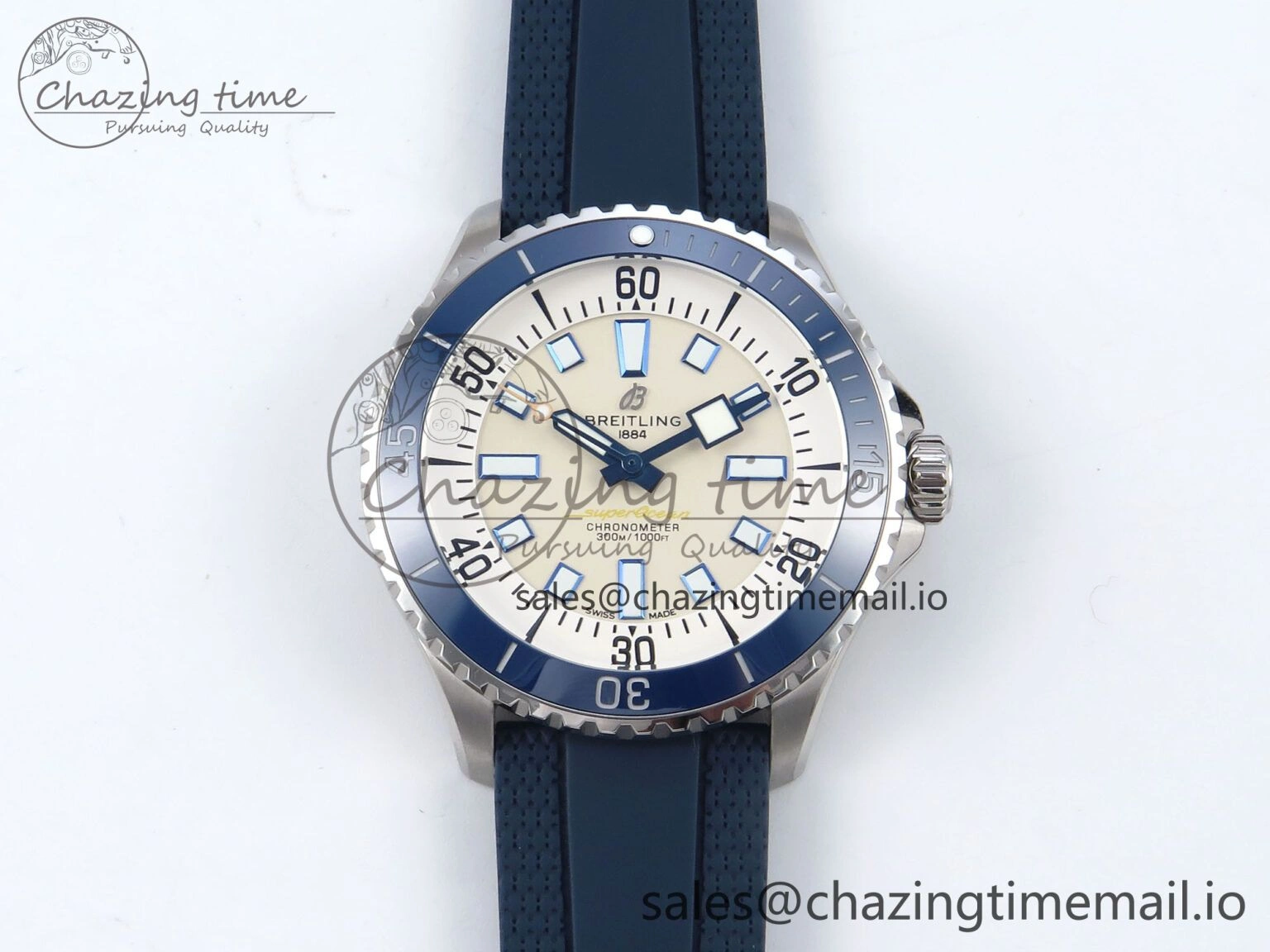 Bright Superocean 44mm SS TF 1:1 Best Edition Beige Dial Blue Bezel on Blue Rubber Strap A 5415