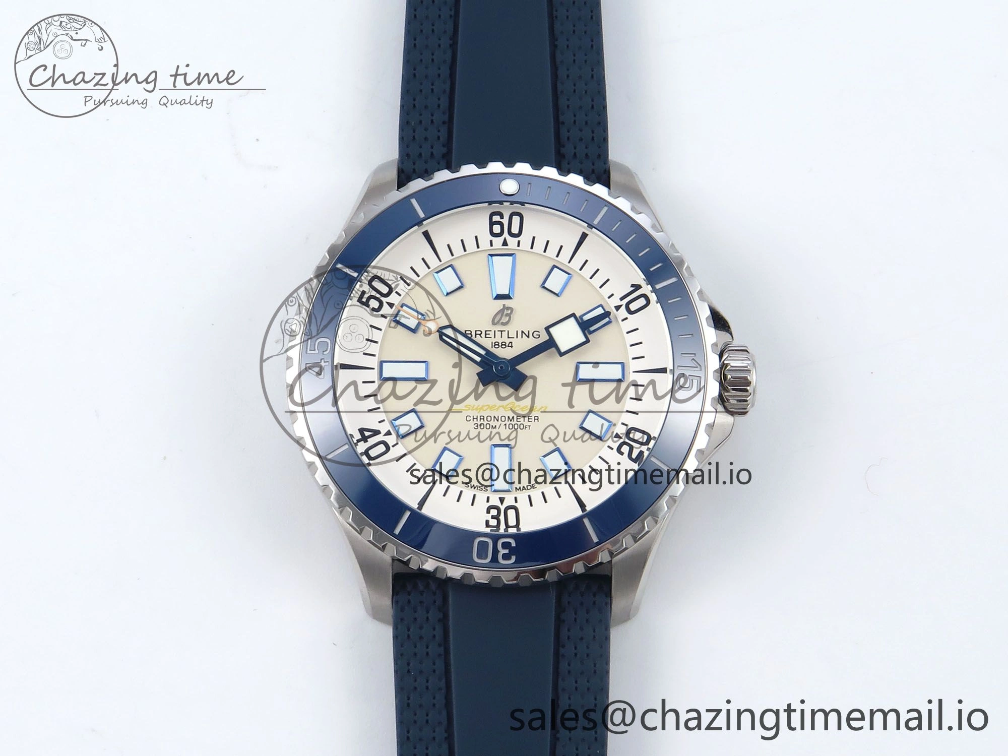 Bright Superocean 44mm SS TF 1:1 Best Edition Beige Dial Blue Bezel on Blue Rubber Strap A 5415
