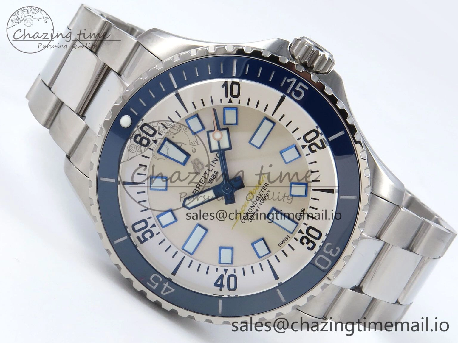 Superocean 44mm SS TF 1:1 Best Edition Beige Dial Blue Bezel on SS Bracelet A Soft 5422