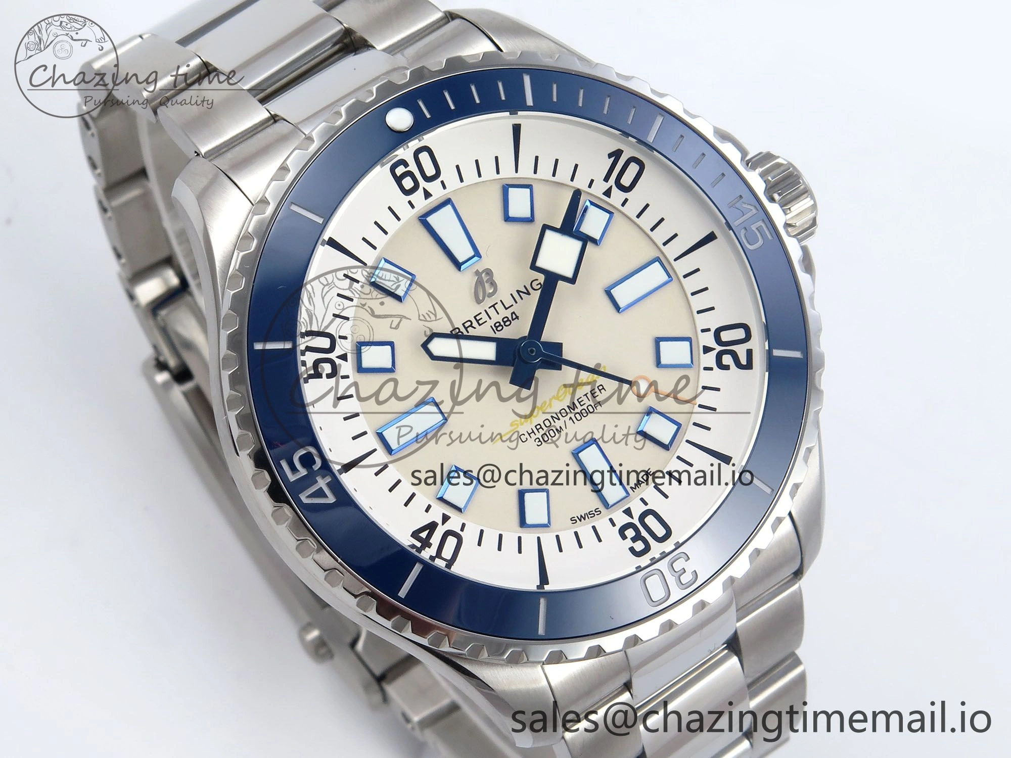 Superocean 44mm SS TF 1:1 Best Edition Beige Dial Blue Bezel on SS Bracelet A Soft 5422