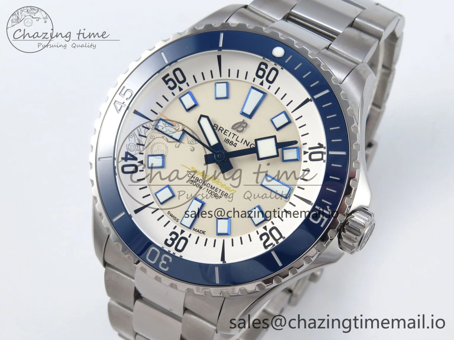 Superocean 44mm SS TF 1:1 Best Edition Beige Dial Blue Bezel on SS Bracelet A Soft 5422