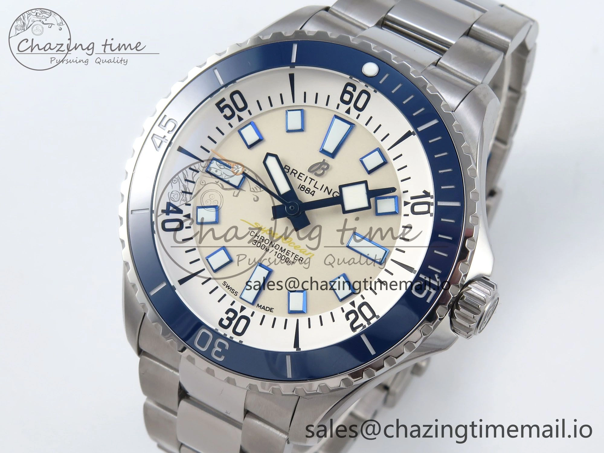 Superocean 44mm SS TF 1:1 Best Edition Beige Dial Blue Bezel on SS Bracelet A Soft 5422