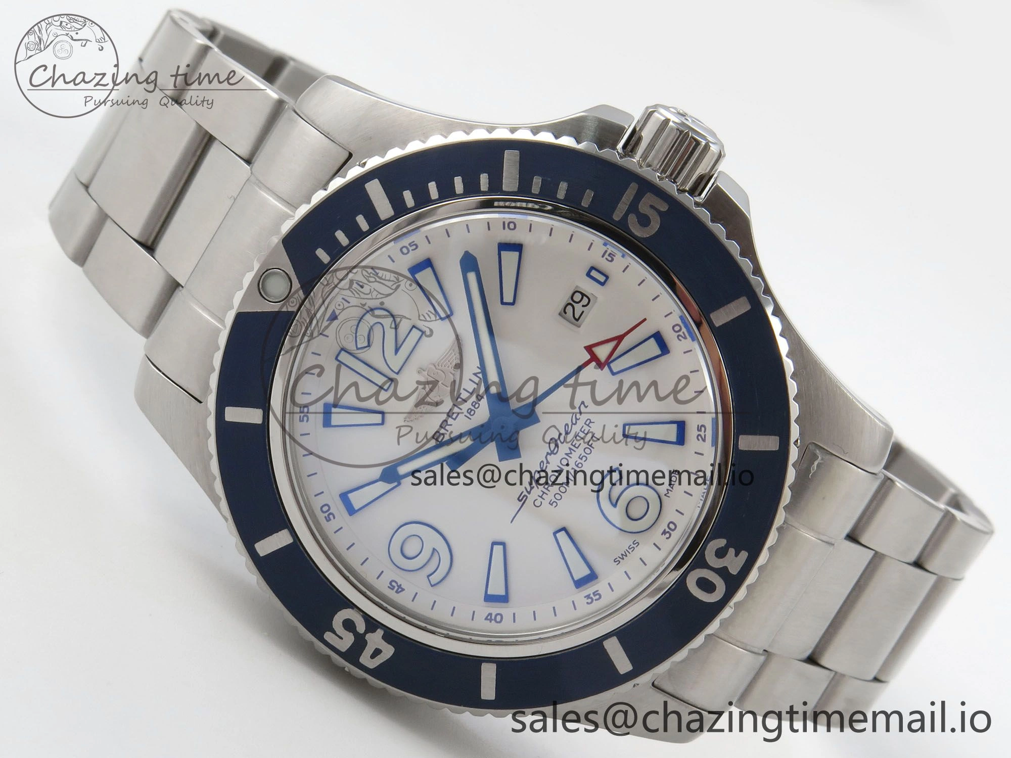 Trendy Superocean 44mm SS TF 1:1 Best Edition Blue White Dial Blue Bezel on SS Bracelet A2824 V 5399